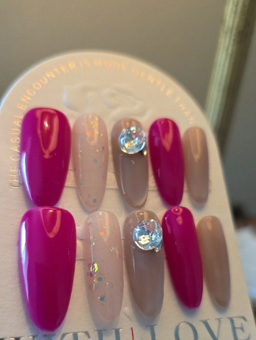 Press-On Nail Set with Fuchsia and Nude Shades Rhinestone Accent Size Large